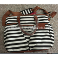 canvas diaper bag Plus Matching Baby Changing Pad - Black and White Stripe Designer W/ Cute Tan Trim HCDP0013